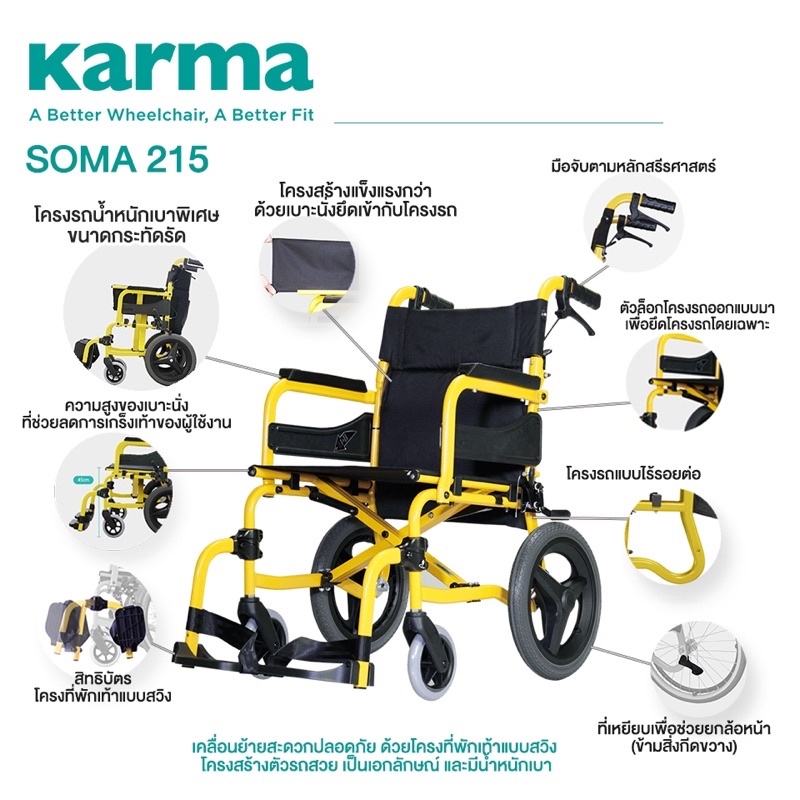 Soma รถเข็น อลูมิเนียม วีลแชร์ขนาดเล็ก โครงที่พักเท้าแบบสวิง รุ่น SM-250.5 Light Aluminum Wheelchair