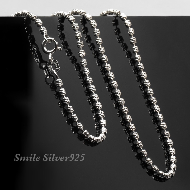 สร้อยคอเงินแท้ 92.5% Italy ชุบทองคำขาว ลายShort ballตัดเพชร ขนาด 2มิล