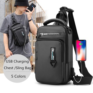 Haoshuai กระเป๋าสะพายข้างผู้ชาย กระเป๋าคาดเอว Mens sports waterproof and durable multi-function outdoor casual fashion chest bag