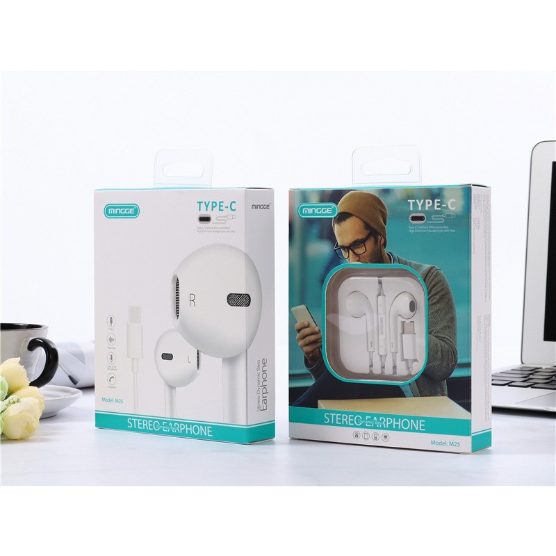 หูฟังMingge Stereo M25 หัวเสียบType C เสียงเบสที่ทุ้ม นุ่มลึก สวมใส่สบายมีปุ่ม เพื่อควบคุม ความดังของเสียงเล่นเพลงในตัว