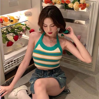 🍋พร้อมส่ง💃🏻 เสื้อเปิดหลัง เสื้อไหมพรมคล้องคอผูกหลัง ลายทางสุดน่ารักสไตล์​เกาหลี ผ้าร่อง