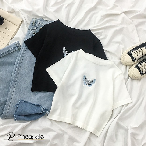 เสื้อไหมพรมแขนสั้น ปักลายผีเสื้อ Butterfly embroidery T-shirt W360