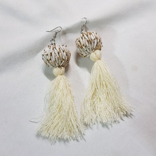 Virgin native earrings ต่างหูลูกเดือย ผ้าฝ้าย สีขาว handmade ต่างหูพู่ ต่างหูเจ้าสาว