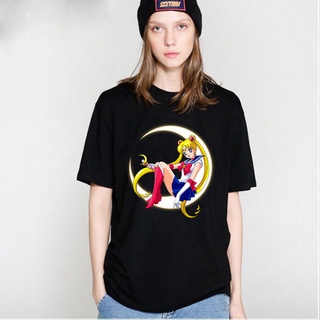 SAILOR Moon เสื้อยืดการ์ตูนสีดำฤดูร้อนสบายๆขนาดใหญ่เสื้อยืดสตรี Street Harajuku แขนสั้นคอกลม T-shirt