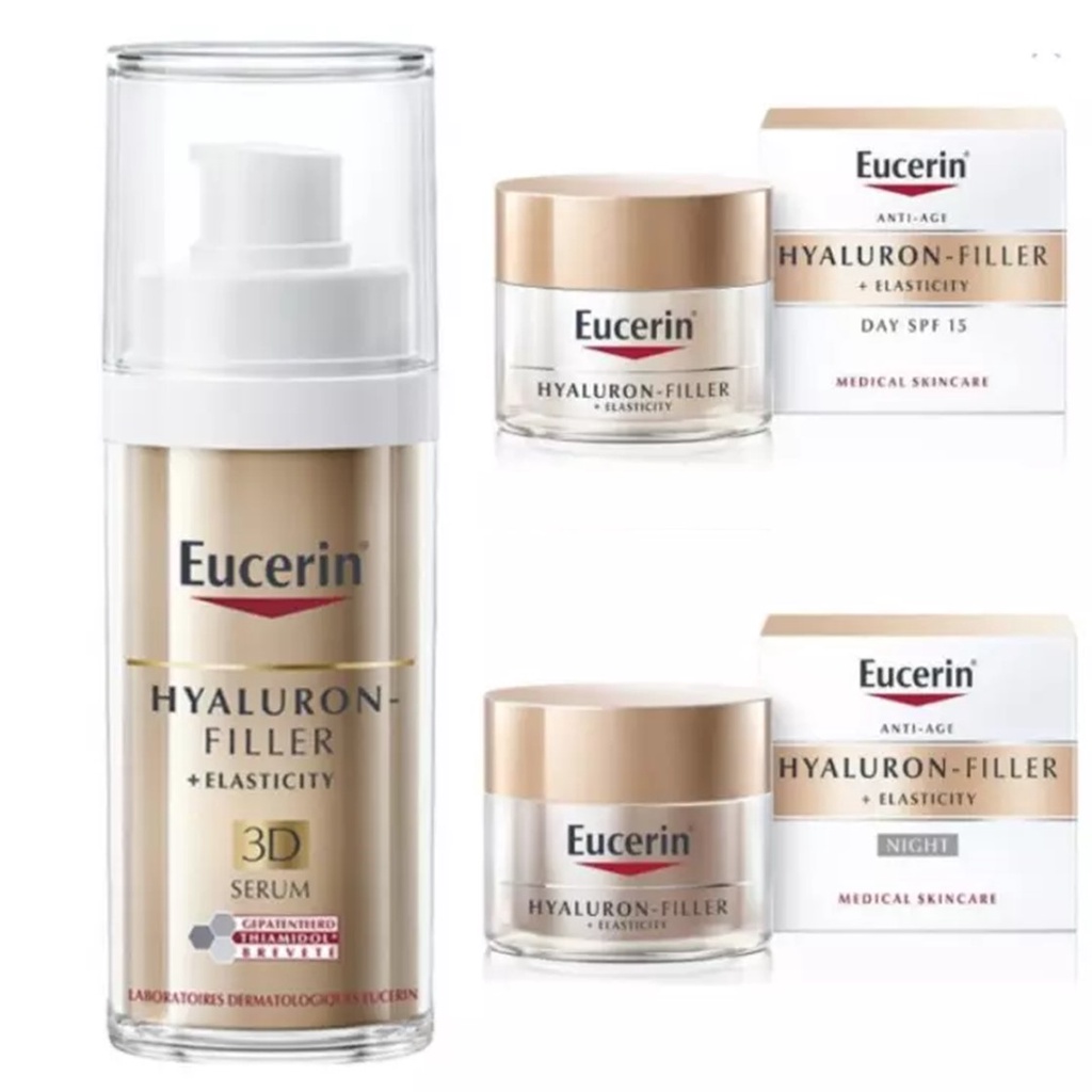 Eucerin Hyaluron Filler 3D Serum SET ยูเซอรีน ไฮยาลูรอน อีลาสติก ฟิลเลอร์ เซ็ท (3Dเซรั่ม 30มล + เดย์ครีม&ไนท์ครีม 50มล.)
