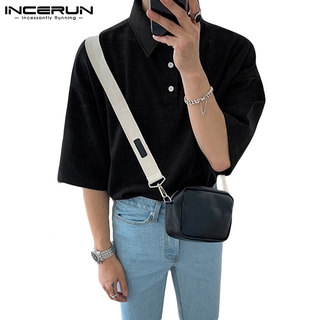 Incerun เสื้อเชิ้ตผ้าฝ้ายแขนสั้นคอปกสีพื้นแฟชั่นบุรุษ