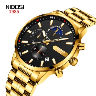 NIBOSI Mens Watch Gold Chronograph Moon Phase Date Display Mens Watch