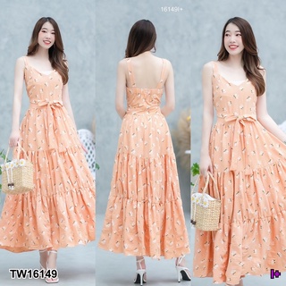 TW16149 Maxi dress ผูกไหล่ลายดอกตัดต่อแต่งระบาย มีโบว์ผูกเอว / มีซิปซ่อนด้านหลัง / มีซัปใน