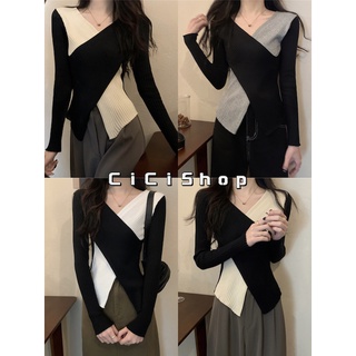 Cicishop(22cx08)เสื้อไหมพรมแขนยาวดีเทลไขว้หน้าสีทูโทนใส่แล้วดูเพียวมากได้โคเรียสุดๆ