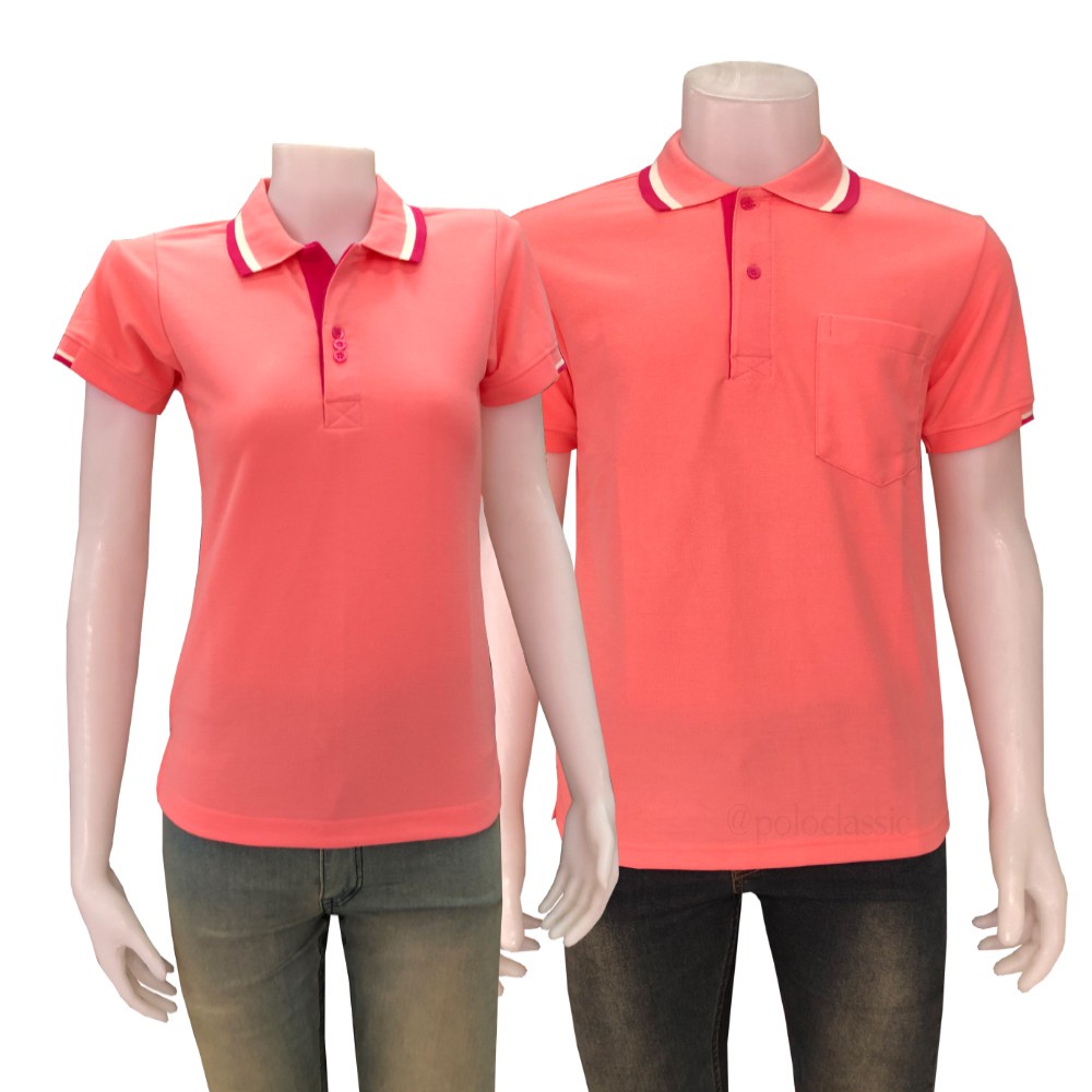 เสื้อโปโล สีโอรสคลีปครีมชมพูเข้ม เนื้อผ้านุ่ม แบบชาย มีกระเป๋า แบบหญิง ไม่มีกระเป๋าที่หน้าอก