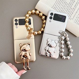 เคสโทรศัพท์มือถือ ชุบไฟฟ้า กันกระแทก ลายหมี พร้อมสายคล้องมือ สําหรับ Samsung Galaxy Z Flip 3 Flip4 Flip4