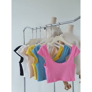เสื้อครอปเเขนเลยคอยูผ้าร่องเกลียว