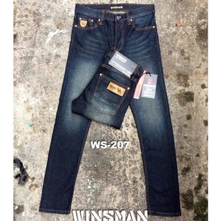 กางเกงยีนส์ ขายาวผู้ชาย เดฟผ้ายืด สียีนส์น้ำเงิน สนิมขาว Skinny Winsman กระดุม Size 28-36