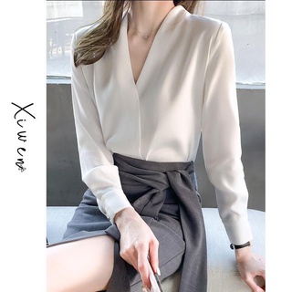 GoGo💋Acetate satin shirt women s new 2021 professional temperament v-neck top drape เสื้อเชิ้ตสีขาว Design niche