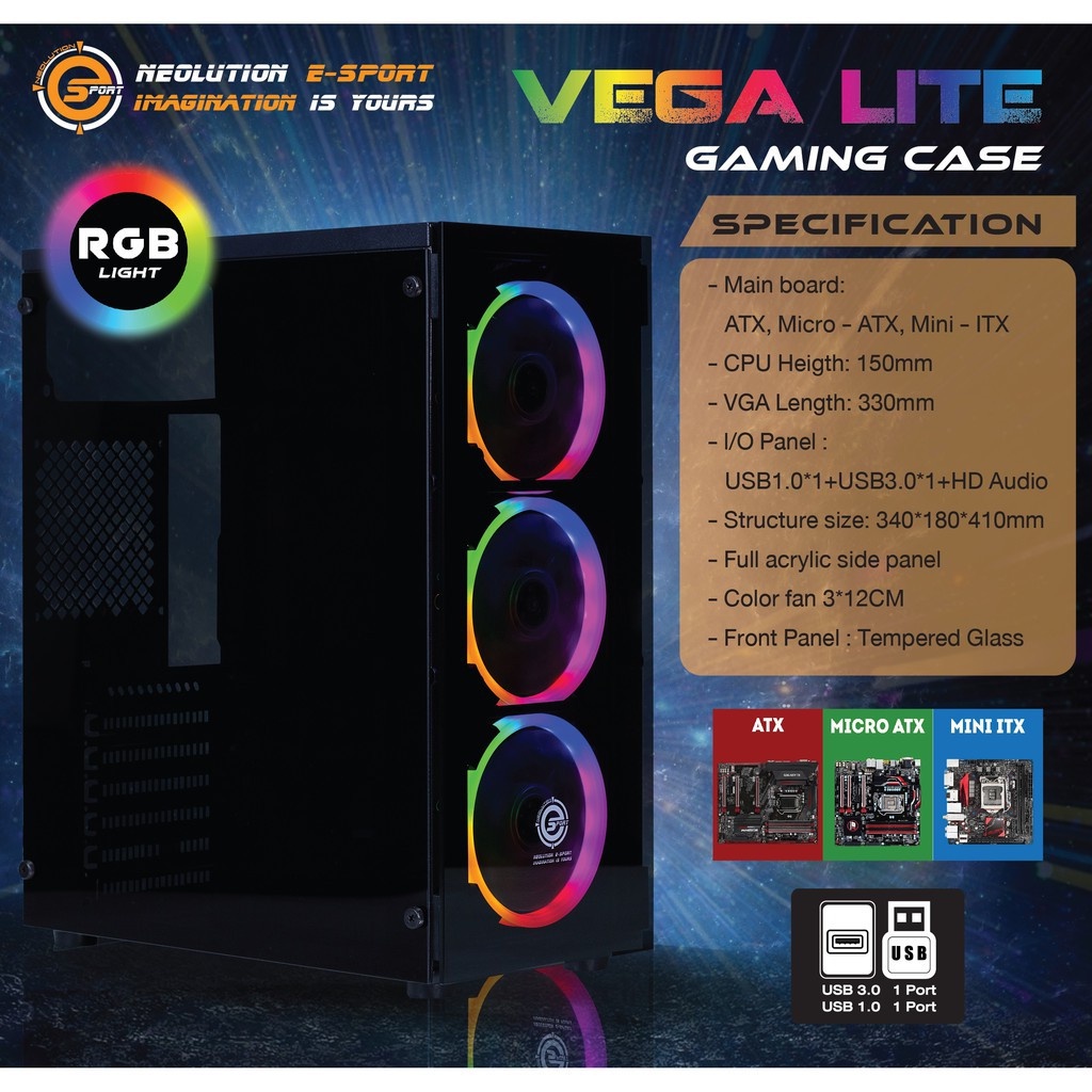 CASE RGB Ve ga Lite Gaming Case Neolution/// NEO SAPPHIRE V2 power ด้านล่าง usb 3.0 ประกัน 1ปี