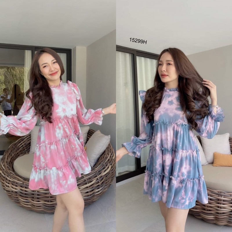 เดรสคอระบายลายหินอ่อนกระโปรงระบาย 3 ชั้น NL15299