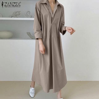 ZANZEA Women Fashion Three Quarter Sleeve Lapel Button Cuffs Long Dress