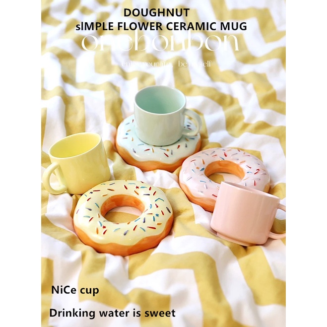 แก้วเซรามิกโดนัทถ้วย ถ้วยกาแฟ สร้างสรรค์ macaron ถ้วยน้ำ ถ้วยเซรามิกน่ารัก【DOUGHNUT49-210ML】