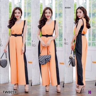 G8059 Jumpsuit จั๊มสูทขายาวคอวีทูโทน