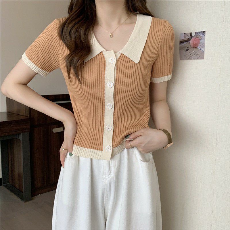 JJ Shopพร้อมส่ง เสื้อไหมพรมแขนสั้น คอปก สีพาสเทลน่ารักเกาหลีมาก 71008 ...