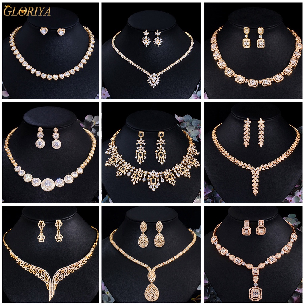 Gloriya หรูหรา CZ Zircon เพชรคริสตัลสร้อยคอต่างหูชุดสําหรับผู้หญิง Gorgeous งานแต่งงานสีเหลืองชุบทองชุดเครื่องประดับ JS161