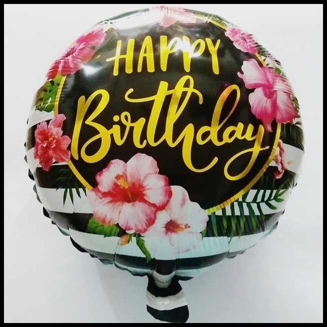 ลูกโป่งฟอยล์กลม HBD ดอกสีดําสีทองออกงาน