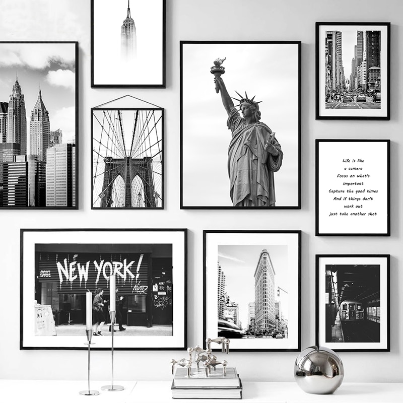 New York City Canvas Prints รูปปั้นโปสเตอร์ Liberty และพิมพ์ภาพศิลปะผนังสีดําและสีขาวห้องนั่งเล่นตกแต่งโปสเตอร์