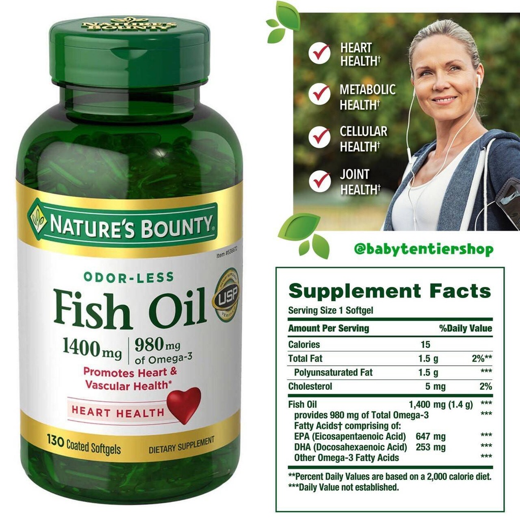 ้น้ำมันปลา Nature's Bounty Fish Oil 1400 mg., 130 Coated Softgels นำเข้าจาก USA🇺🇲