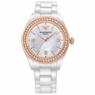 EMPORIO ARMANI AR1472 WHITE CERAMICA GOLD DIAMOND BEZEL LADIES WATCH