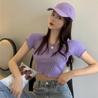 พร้อมส่ง เสื้อยืดสีม่วง เสื้อเชิ้ต เสื้อยืด Crop Top ฤดูร้อนถักแน่นกระชับผู้หญิงแขนสั้นเสื้อยืด