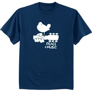 คอลูกเรือเสื้อยืด พิมพ์ลายกีตาร์ Woodstock สันติภาพ สีน้ําเงินเข้ม สําหรับผู้ชายS-5XL