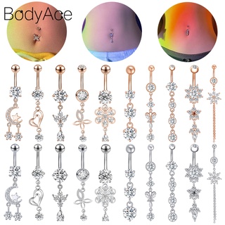 Bodyace 1 ชิ้น ดอกไม้ หัวใจ คริสตัล ปุ่มท้อง แหวนสเตนเลส เจาะสะดือ พู่ยาว ท้อง แหวน