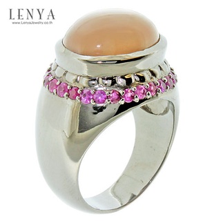 Lenya Jewelry แหวนพลอยมูนสโตน(Moonstone) ประดับพลอยทับทิม(Ruby) บนตัวเรือนเงินแท้ชุบทองคำขาว