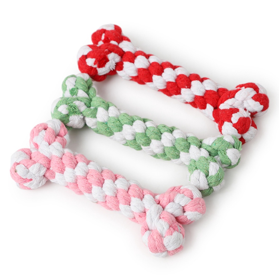 PP-175 เชือกกัดเล่นทรงกระดูก – ของเล่นถักมือสำหรับสุนัขและแมว เคี้ยวสนุก สีสันสดใส