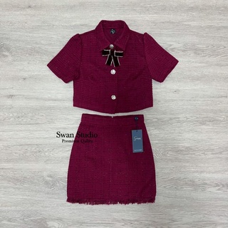 เซทเสื้อครอปแขนสั้น ช่องคอมีเข็มกลัดโบว์