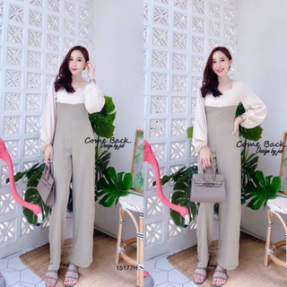 TW15177Jumpsuit จั้มสูทขายาว คอยู ทรงแขนพองยาว สม้อคปลายแขน ดีไซน์เก๋ๆ แต่งผ้าสลับสี งานผ้าซาร่า ใส่สวยตัวเดียวจบ