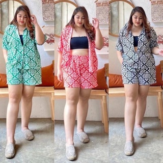 Size up ชุดเซ็ต 2 ชิ้น สาวอวบ เสื้อเชิ้ต อก 52” กางเกงขาสั้น เอว 44” Bigsize Oversize