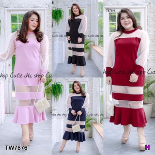 G7876 Dress #Bigsize เดรสแขนยาวตัดแต่งผ้ามุ้ง