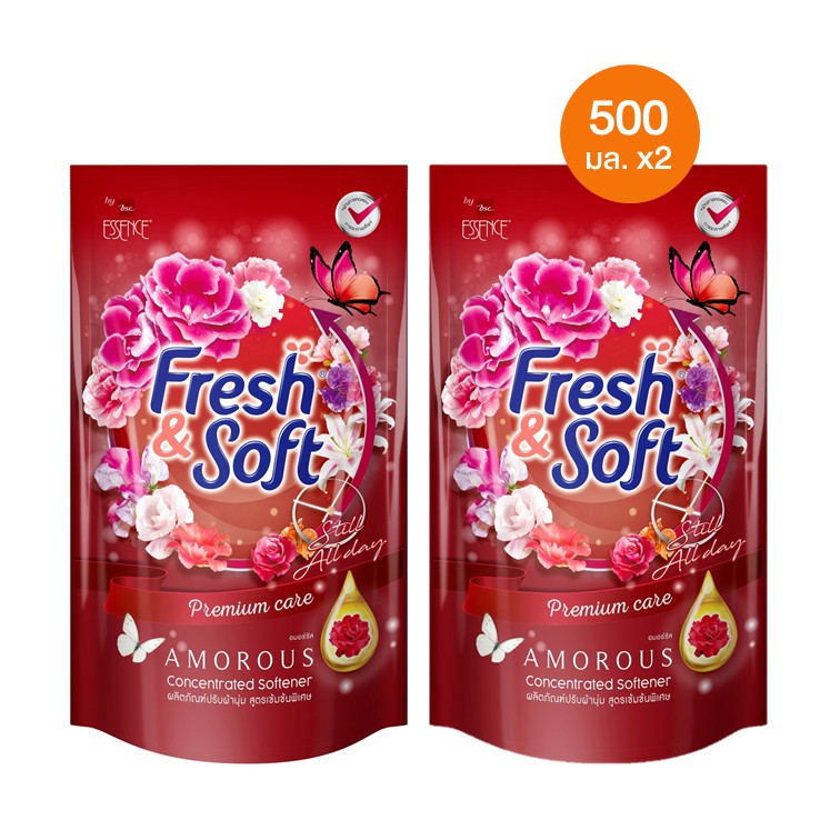 [ 2 ถุง ] Fresh & Soft น้ำยาปรับผ้านุ่ม สูตรเข้มข้นพิเศษ เฟรช แอนด์ ซอฟท์ Still All Day กลิ่น Amorous สีแดง 500 มล.