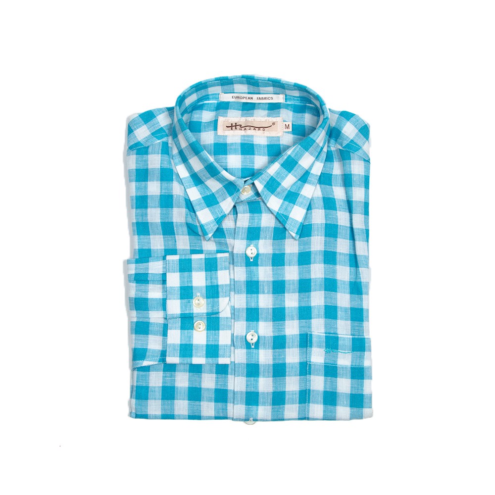 Hazard เสื้อเชิ้ตทำงานแขนยาวลายสก็อต Linen(ลินิน) สีฟ้าเข้ม