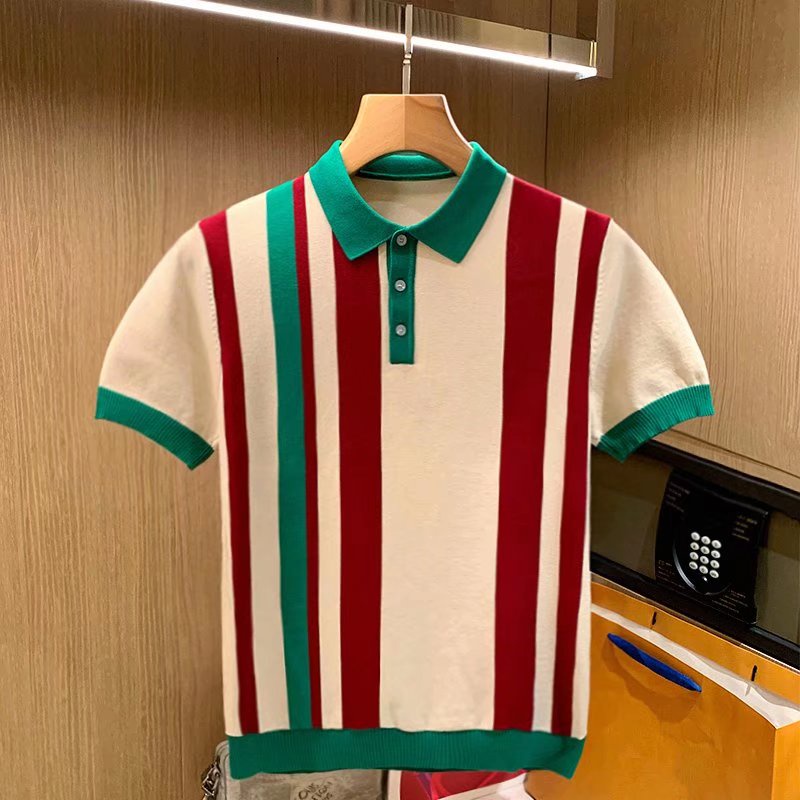 ผ้าไหมน้ําแข็งเสื้อโปโลผู้ชายแขนสั้น Lomb หรูหราผู้ชายแฟชั่น Slim-fit เสื้อกันหนาวอิตาเลี่ยน Ruya ลายแนวตั้งสีบล็อกแขนสั้นถักเสื้อโปโลด้านบน m-
