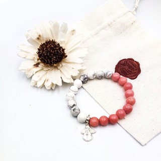 กำไลข้อมือหินแท้ Howlite + Rhodochrosite ขนาด 8 มิล แต่งจี้ เปลี่ยนจี้ได้