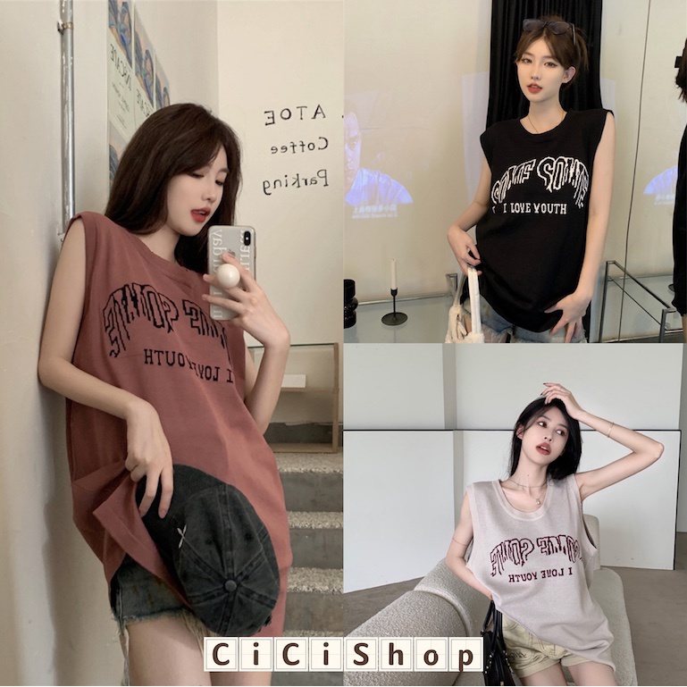 Cicishop(SALE/สุ่มสี 8772)เสื้อแขนกุดไหมพรม คอกลม ปักลายอักษรทรงหลวมสไลตืเกาหลีเท่ๆ