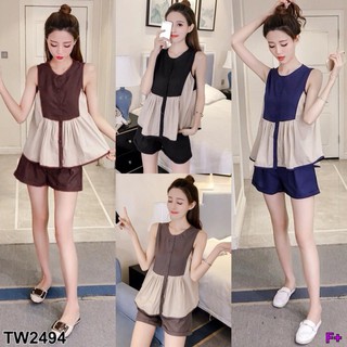 TwinsShopVip💗พร้อมส่ง TW2494 Set 2 ชิ้น เสื้อเชิ้ตคอกลม แขนกุด งานเย็บตัดต่อ ทูโทน