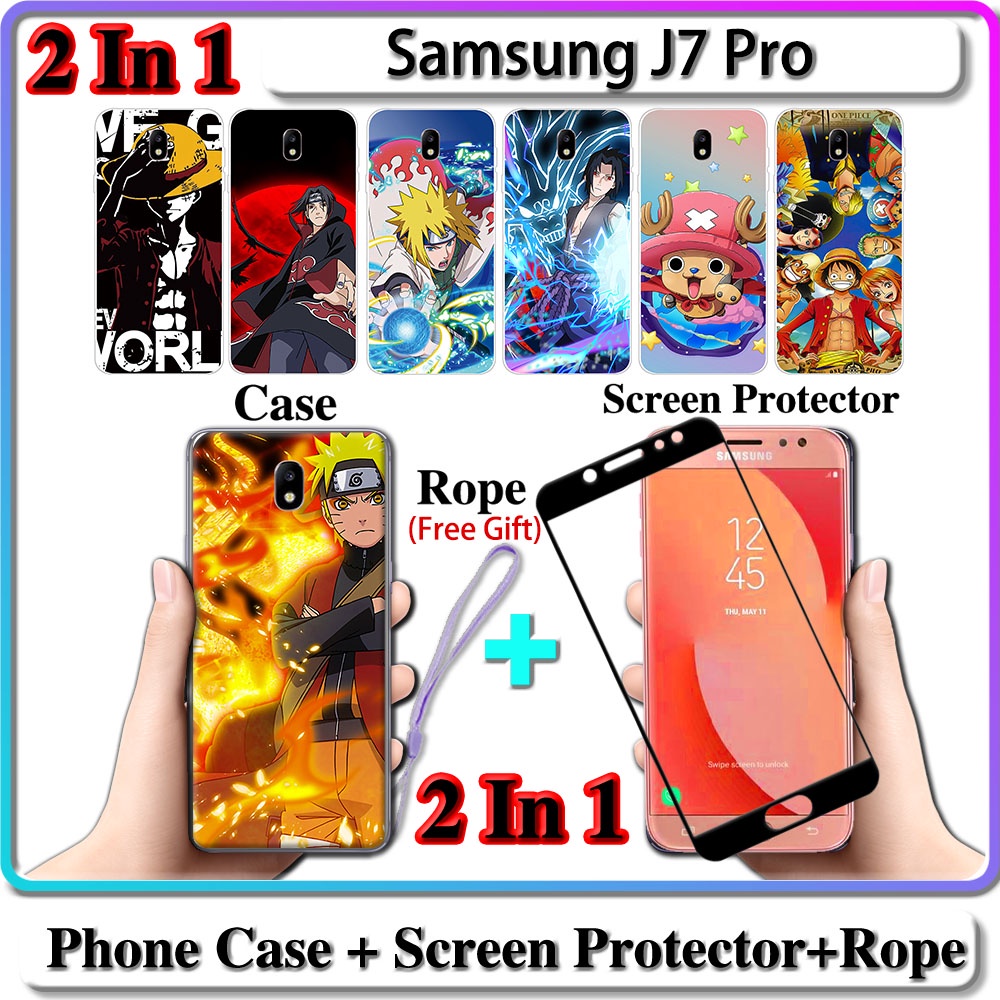 2 IN 1 เคส Samsung J7 Pro เคส พร้อมกระจกนิรภัยโค้ง ป้องกันหน้าจอ เซรามิค นารูโตะ และวันพีช