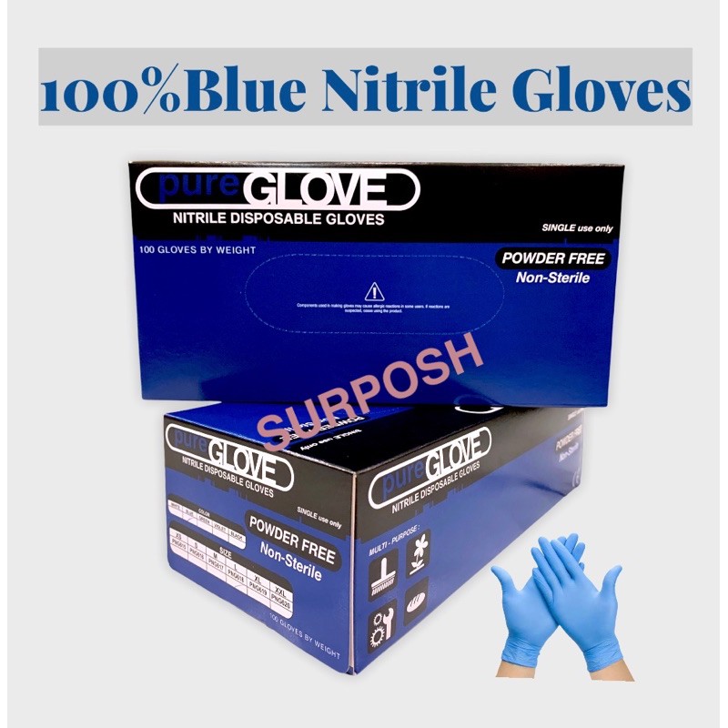 ถุงมือไนไตร สีฟ้า PURE GLOVE ผลิต รง.ไทย🇹🇭ไม่มีแป้ง ถุงมือยางสังเคราะห์ (100ชิ้น/กล่อง) สำหรับงานทั่วไป Nitrile Gloves