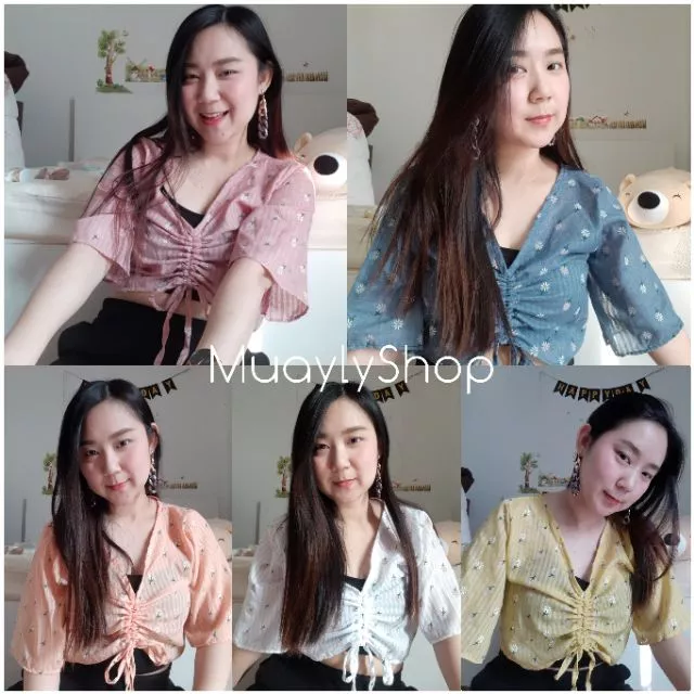 เสื้อครอปแขนสั้น คอวี ลินิน ลายสก๊อต/ปัก มินิมอล thumbnail 9