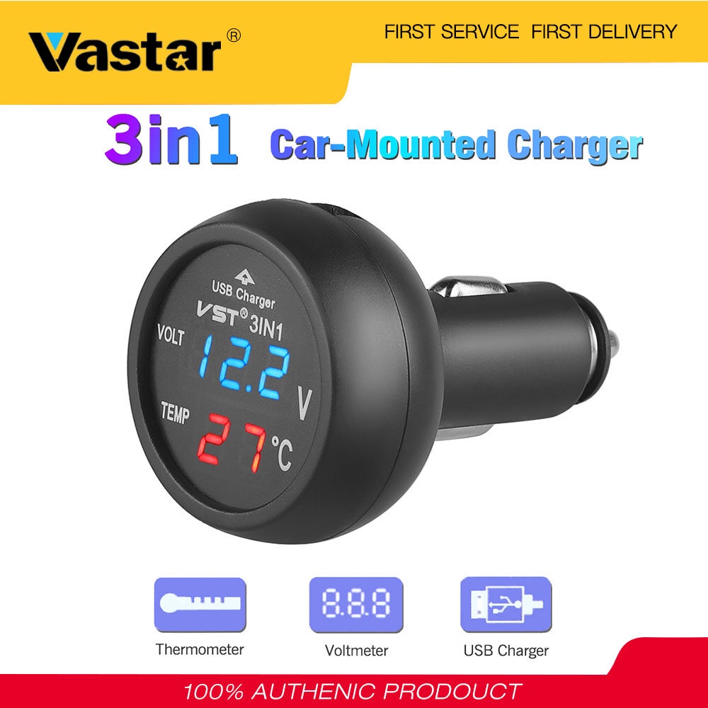 Vastar Car LED Voltmeter Digital Car Battery Monitor Car Mounted Charger (สีดํา)