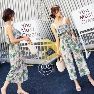 Jumpsuit สายเดี่ยว ขา 8 ส่วน ผ้า cotton พิมพ์ลาย