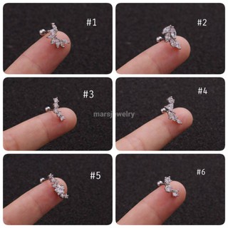 จิวแฟชั่นเกาหลีขนาดก้าน 0.8 มิลเพชรเรียงหลายรูปทรง สแตนเลสเกรดเครื่องมือแพทย์ (ราคาต่อ 1 ข้าง)​